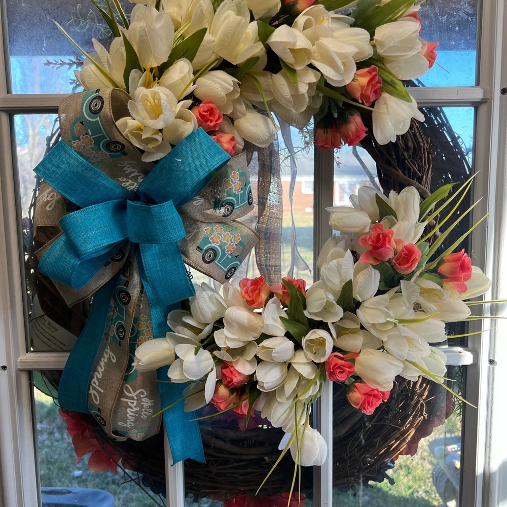 Floral Spring Wreath with White and Coral Accents